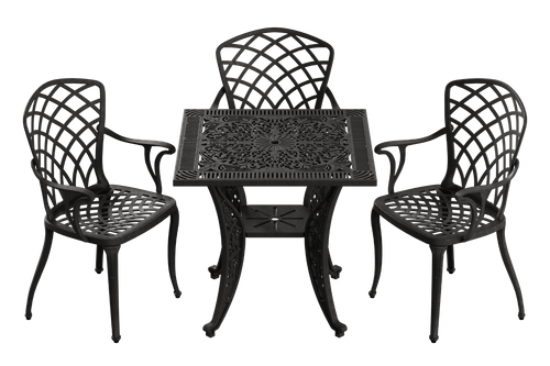 Set de mobilier exterior negru cu 3 scaune PALERMO și o masă SARDEGNA, ideal pentru terase, grădini, cafenele și restaurante. Design elegant, material rezistent la intemperii, protecție UV și durabilitate sporită.