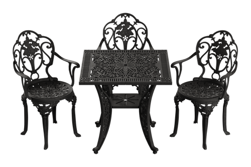 Set de mobilier exterior negru cu 3 scaune SICILY și o masă, ideal pentru terase, grădini, cafenele și restaurante. Design elegant, material rezistent la intemperii, protecție UV și durabilitate sporită.