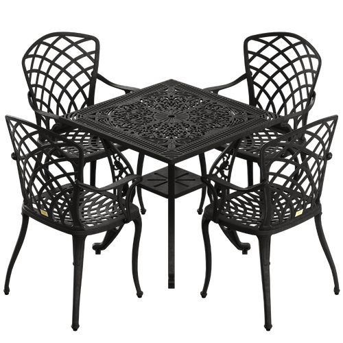Set de mobilier exterior negru cu 4 scaune PALERMO și o masă SARDEGNA, ideal pentru terase, grădini, cafenele și restaurante. Design elegant, material rezistent la intemperii, protecție UV și durabilitate sporită.