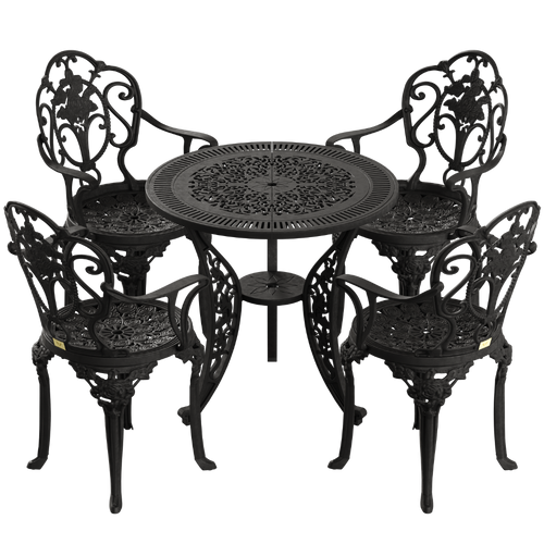 Set de mobilier exterior negru cu 4 scaune SICILY și o masă, ideal pentru terase, grădini, cafenele și restaurante. Design elegant, material rezistent la intemperii, protecție UV și durabilitate sporită.