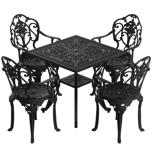 Set de mobilier exterior negru cu 4 scaune SICILY și o masă pătrata, ideal pentru terase, grădini, cafenele și restaurante. Design elegant, material rezistent la intemperii, protecție UV și durabilitate sporită.