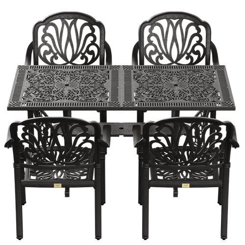 Set de mobilier exterior negru cu 4 scaune stivuibile CAPRI și masă, ideal pentru terase, grădini, cafenele și restaurante. Design elegant, material rezistent la intemperii, protecție UV și durabilitate sporită.