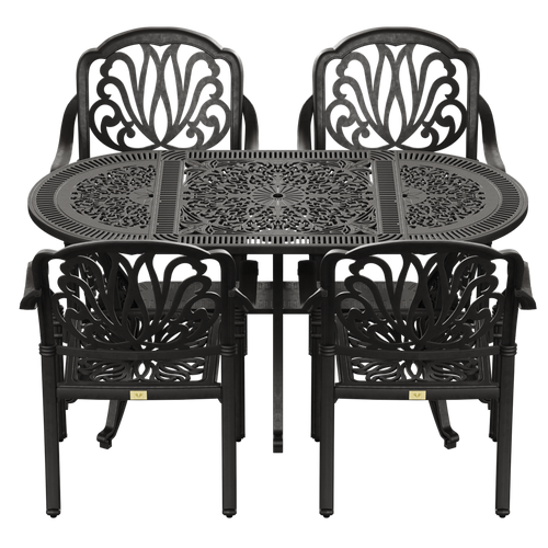 Set de mobilier exterior negru cu 4 scaune stivuibile CAPRI și masă ovala, ideal pentru terase, grădini, cafenele și restaurante. Design elegant, material rezistent la intemperii, protecție UV și durabilitate sporită.