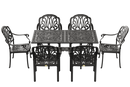 Set de mobilier exterior negru cu 6 scaune stivuibile CAPRI și masă, ideal pentru terase, grădini, cafenele și restaurante. Design elegant, material rezistent la intemperii, protecție UV și durabilitate sporită.