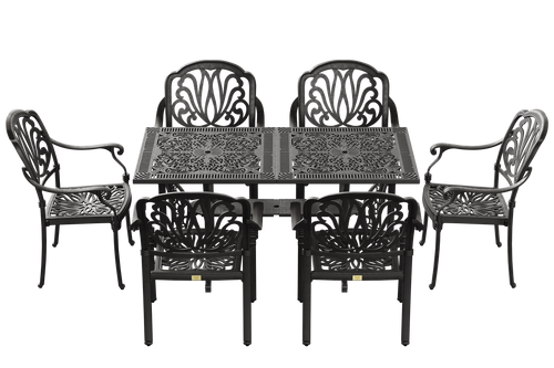 Set de mobilier exterior negru cu 6 scaune stivuibile CAPRI și masă, ideal pentru terase, grădini, cafenele și restaurante. Design elegant, material rezistent la intemperii, protecție UV și durabilitate sporită.