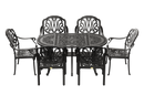 Set de mobilier exterior negru cu 6 scaune stivuibile CAPRI și masă ovala, ideal pentru terase, grădini, cafenele și restaurante. Design elegant, material rezistent la intemperii, protecție UV și durabilitate sporită.