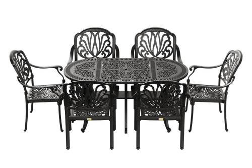 Set de mobilier exterior negru cu 6 scaune stivuibile CAPRI și masă ovala, ideal pentru terase, grădini, cafenele și restaurante. Design elegant, material rezistent la intemperii, protecție UV și durabilitate sporită.