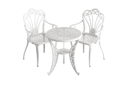 masă rotundă și 2 scaune albe ergonomice din plastic durabil, rezistente la intemperii și raze UV. Ideal pentru terasă, grădină sau balcon.