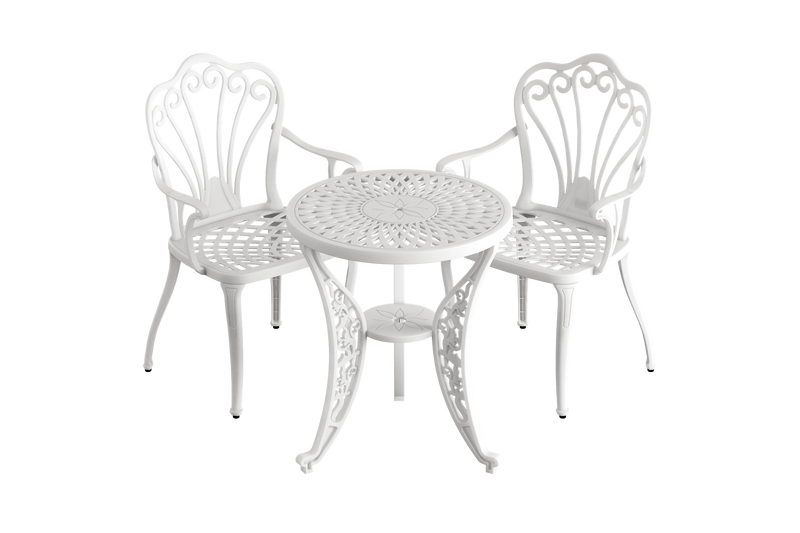 masă rotundă și 2 scaune albe ergonomice din plastic durabil, rezistente la intemperii și raze UV. Ideal pentru terasă, grădină sau balcon.