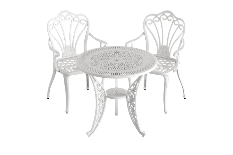 Set masă rotundă și 2 scaune albe ergonomice din plastic durabil, rezistente la intemperii și raze UV. Ideal pentru terasă, grădină sau balcon.