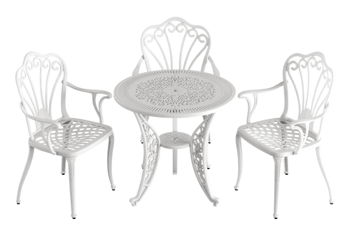 Set masă rotundă și 3 scaune albe ergonomice din plastic durabil, rezistente la intemperii și raze UV. Ideal pentru terasă, grădină sau balcon.