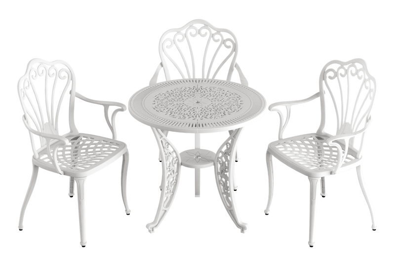 Set masă rotundă și 3 scaune albe ergonomice din plastic durabil, rezistente la intemperii și raze UV. Ideal pentru terasă, grădină sau balcon.