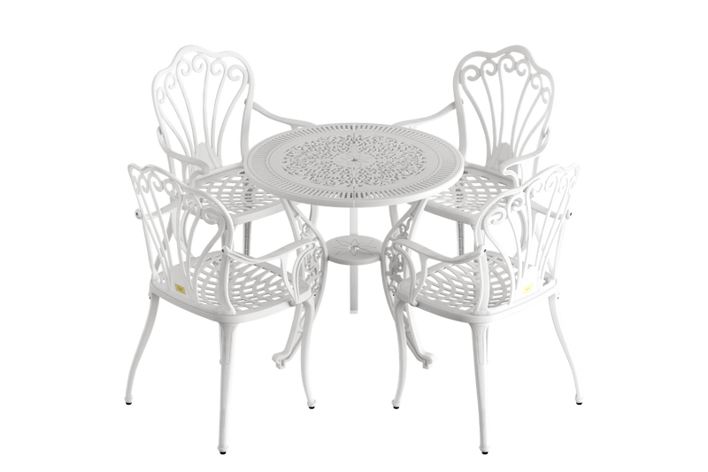 Set masă rotundă și 4 scaune albe ergonomice din plastic durabil, rezistente la intemperii și raze UV. Ideal pentru terasă, grădină sau balcon.