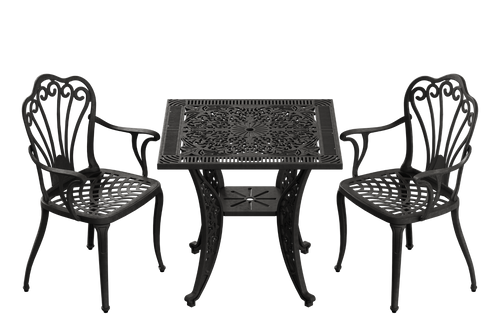 Set scaune și o masă pătrată neagră SARDEGNA, ideal pentru terase, grădini, cafenele și restaurante. Design elegant, material rezistent la intemperii, protecție UV și durabilitate sporită.