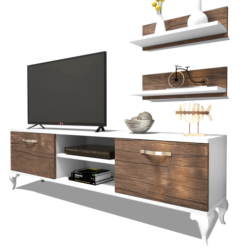 Set comodă Tv HARMONY 4 rafturi 2 uși 150cm, Opțiuni culoare - Nuc inchis