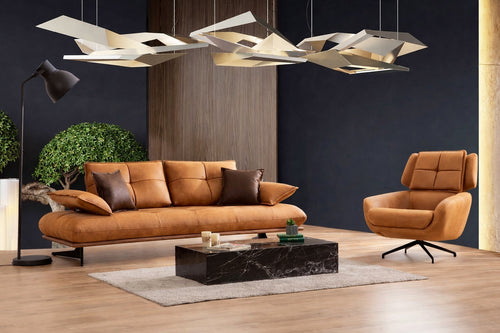 Canapea extensibilă TESLA,  senzația de piele natural, Picioarele : din metal vopsit în câmp electrostatic. , extensibila detalie ,  Set canapea maro deschis si fotoliu rotativ maro Tesla