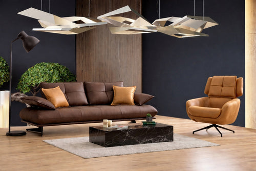 Canapea extensibilă TESLA,  senzația de piele natural, Picioarele : din metal vopsit în câmp electrostatic. , extensibila detalie ,  Set canapea maro deschis si fotoliu rotativ maro Tesla