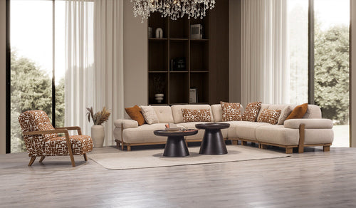 Colțar Extensibil PANDA 3+2 locuri 330 x 290 cm piciorele din lemn  textile  tesatura ,  detalie si unu fotoliu