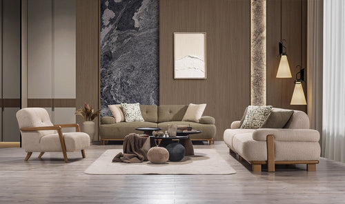 Fotoliu PANDA din textură modernă bouclepicioarelor lemn  setul cu canapea