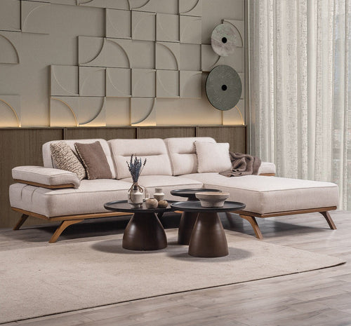 Colțar Extensibil 3+1 locuri cu șezlong AVIVA 265 x 190 cm, material: Catifea exclusivă, picioarelor: Lemn, detalie