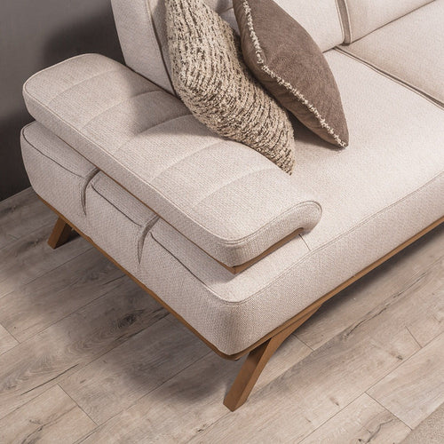 Colțar Extensibil 3+1 locuri cu șezlong AVIVA 265 x 190 cm, material: Catifea exclusivă, picioarelor: Lemn, detalie