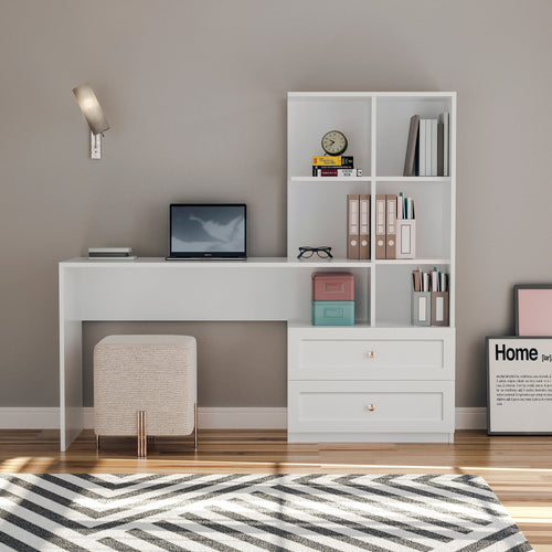 Birou BETTY 5 rafturi 2 sertare 155 x 60 cm - Alb