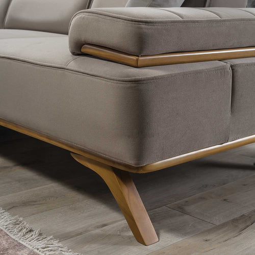 Colțar Extensibil 6 locuri AVIVA 305 x 305 cm, material: Catifea exclusivă, picioarelor: Lemn, din lateral detalie