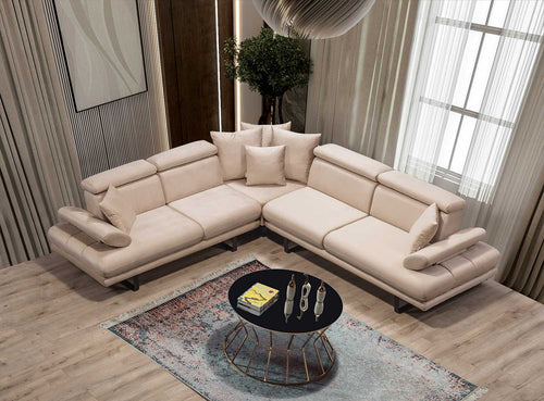 Colțar Extensibil 6 locuri TERRA 305 x 270 cm , Țesătură cu aspect de piele, Tipul picioarelor: Metal , detalie     din sus