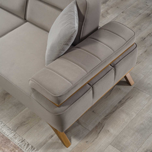 Colțar Extensibil 6 locuri AVIVA 305 x 305 cm, material: Catifea exclusivă, picioarelor: Lemn, detalie din sus