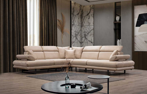 Colțar Extensibil 6 locuri TERRA 305 x 270 cm , Țesătură cu aspect de piele, Tipul picioarelor: Metal , detalie     din sus