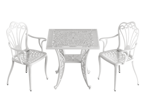 Set scaune și o masă alb SARDEGNA, ideal pentru terase, grădini, cafenele și restaurante. Design elegant, material rezistent la intemperii, protecție UV și durabilitate sporită.