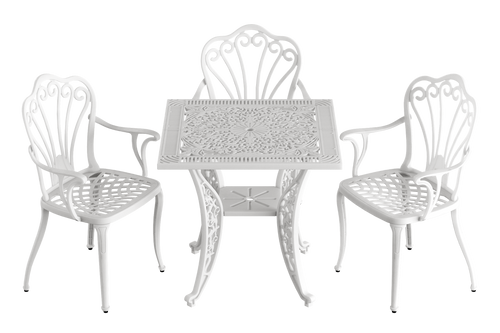 Set scaune și o masă alb SARDEGNA, ideal pentru terase, grădini, cafenele și restaurante. Design elegant, material rezistent la intemperii, protecție UV și durabilitate sporită.