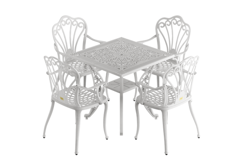 Set scaune și o masă alb SARDEGNA, ideal pentru terase, grădini, cafenele și restaurante. Design elegant, material rezistent la intemperii, protecție UV și durabilitate sporită.