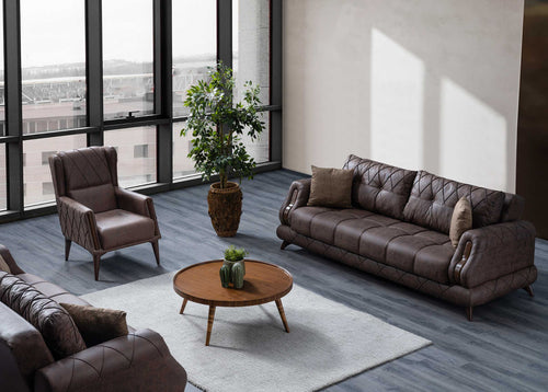 Colțar Extensibil PRINCE 3+2 locuri , Tip material: Stofă exclusivă, Tipul picioarelor:Lemn, 2 canapea 1 fotoliu