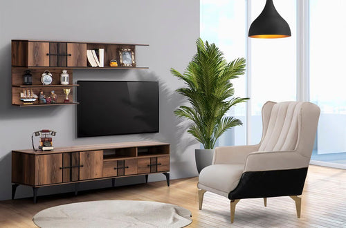 Comodă TV LOTTO 2 rafturi 2 uşi 2 sertare 200 cm, Nuc - Maroom