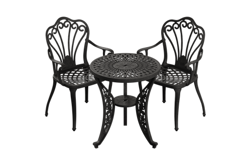 masă rotundă și 2 scaune negre ergonomice din plastic durabil, rezistente la intemperii și raze UV. Ideal pentru terasă, grădină sau balcon.