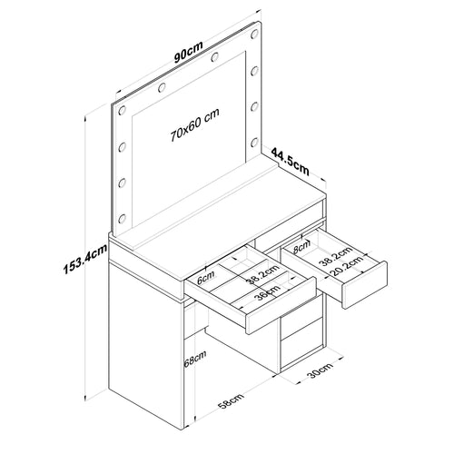 Masă de toaleta cu oglindă iluminată LED DIANA PURE 7 sertare 90 x 45 cm, LED inclus - Maroom