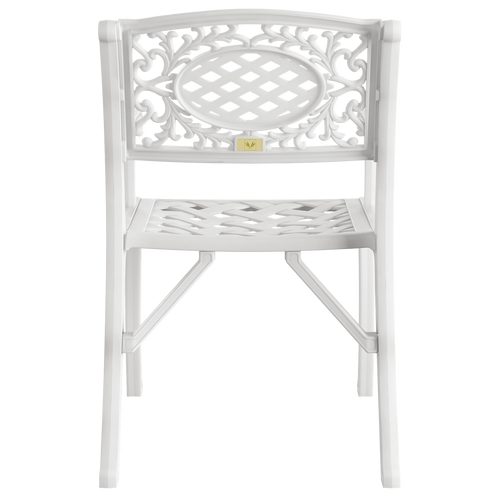 Scaun exterior alb RIMINI fotografiat din spate, evidențiind designul ergonomic, materialul durabil și structura rezistentă la intemperii. Ideal pentru spații exterioare precum terase, grădini și cafenele.