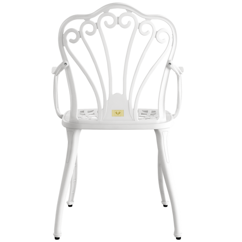 Scaun exterior alb SARDEGNA fotografiat din spate, evidențiind designul ergonomic, materialul durabil și structura rezistentă la intemperii. Ideal pentru spații exterioare precum terase, grădini și cafenele.