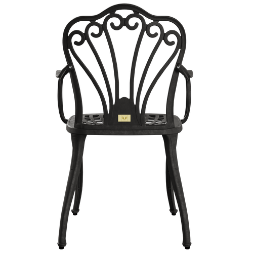 Scaun exterior negru SARDEGNA fotografiat din spate, evidențiind designul ergonomic, materialul durabil și structura rezistentă la intemperii. Ideal pentru spații exterioare precum terase, grădini și cafenele.