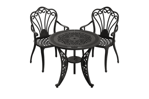 Set masă rotundă și 2 scaune gradina negre ergonomice din plastic durabil, rezistente la intemperii și raze UV. Ideal pentru terasă, grădină sau balcon.