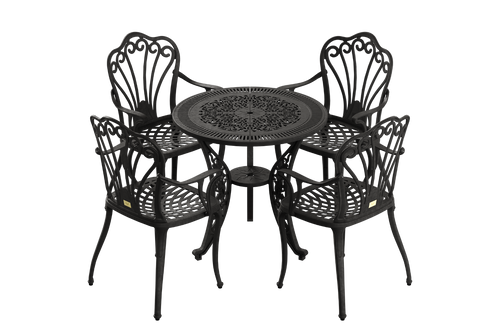Set masă rotundă și 4 scaune gradina negre ergonomice din plastic durabil, rezistente la intemperii și raze UV. Ideal pentru terasă, grădină sau balcon.