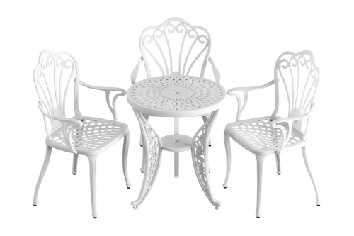 set masă rotundă și 3 scaune gradina albe ergonomice din plastic durabil, rezistente la intemperii și raze UV. Ideal pentru terasă, grădină sau balcon.