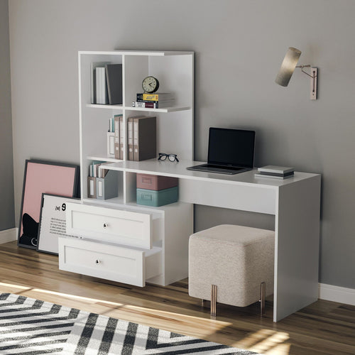 Birou BETTY 5 rafturi 2 sertare 155 x 60 cm - Alb