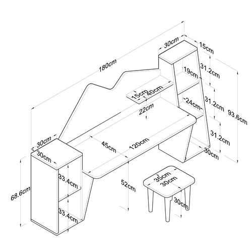 Birou pentru copii SWEET 6 rafturi 2 tabureți 180 x 94 cm - Maroom